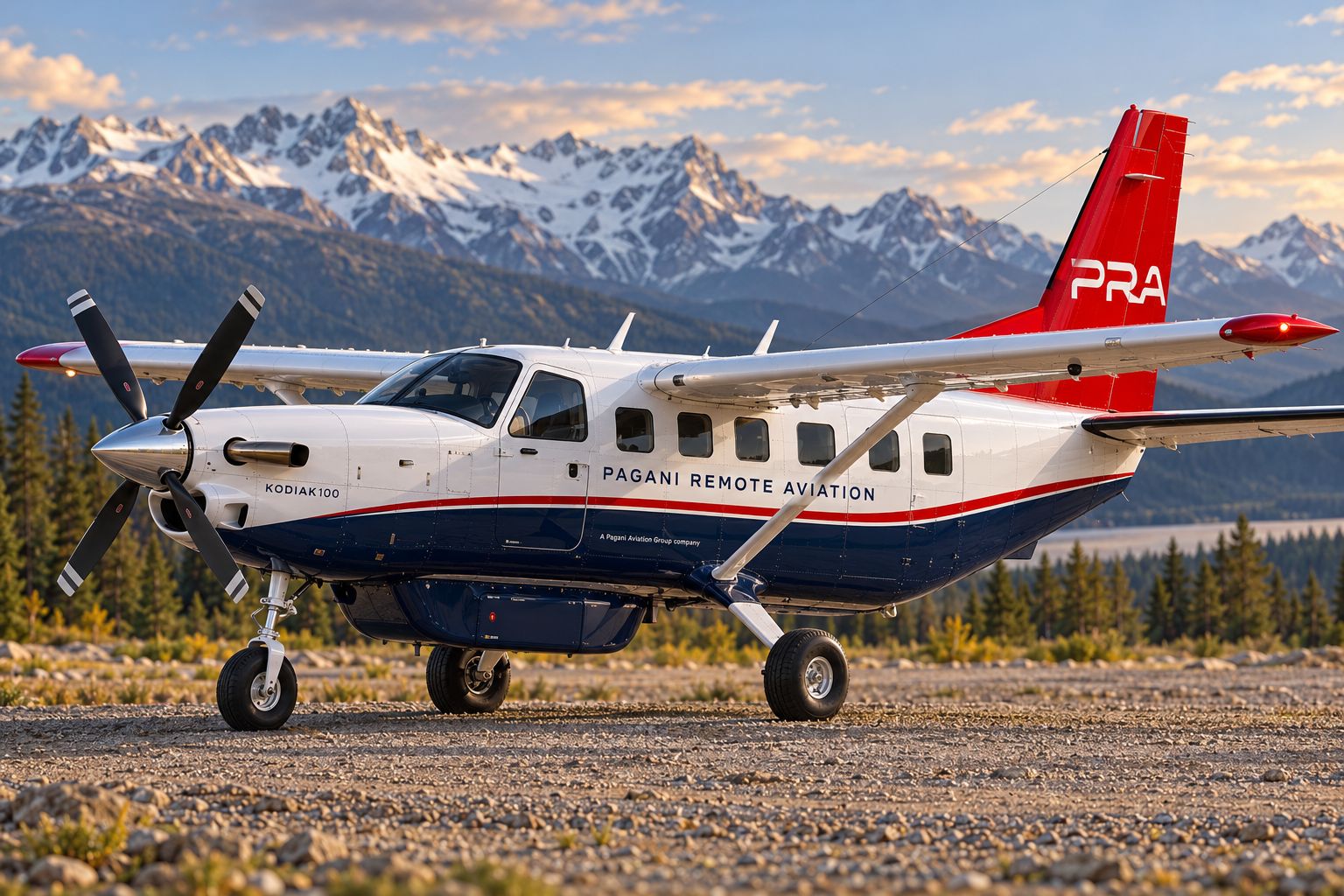 Kodiak 100 in PRA livery on a gravel strip beneath snow-capped mountains at sunset