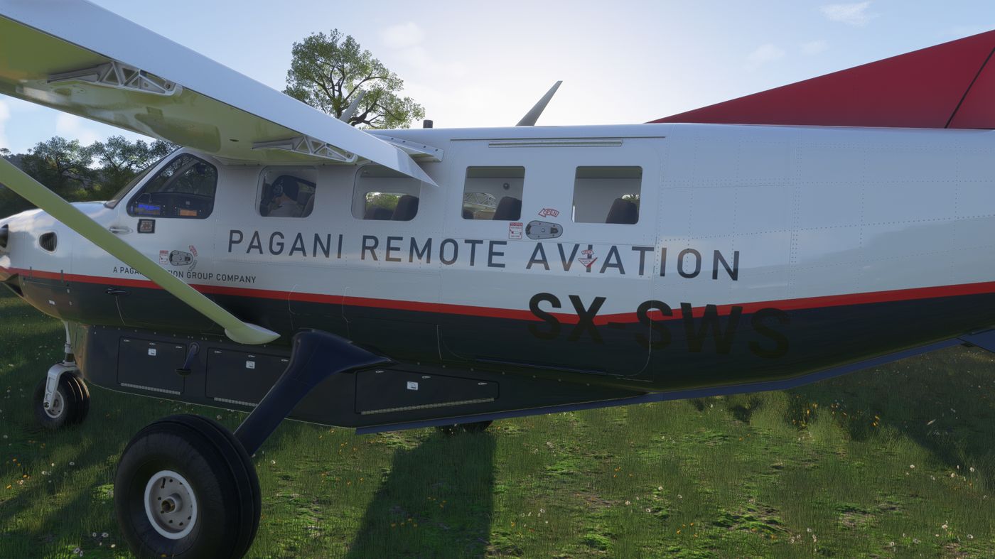 Pagani Remote Aviation Kodiak 100 SX-SWS parked on grass, side view showing the livery