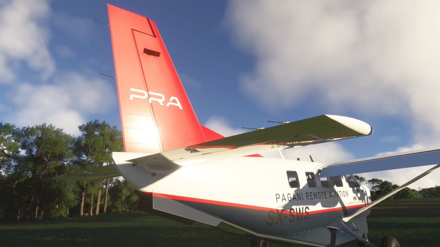 Red PRA tail of SX-SWS against a blue sky